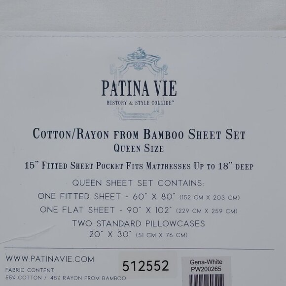Patina Vie Queen Bamboo Cotton Blend Sheet Set White New Gena White - Picture 5 of 9